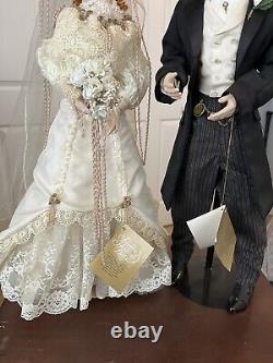 Vintage Franklin Heirloom Porcelain Dolls Bride & Groom 22 WithBoxes And Stands