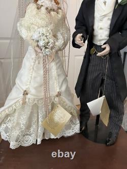 Vintage Franklin Heirloom Porcelain Dolls Bride & Groom 22 WithBoxes And Stands