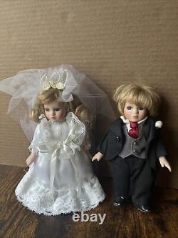 Vintage Geppeddo Porcelain Wedding Doll Set 8'' Blue Eyes Dolls Collectible