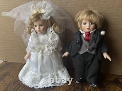 Vintage Geppeddo Porcelain Wedding Doll Set 8'' Blue Eyes Dolls Collectible