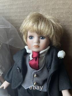 Vintage Geppeddo Porcelain Wedding Doll Set 8'' Blue Eyes Dolls Collectible