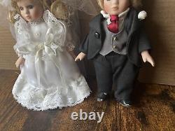 Vintage Geppeddo Porcelain Wedding Doll Set 8'' Blue Eyes Dolls Collectible