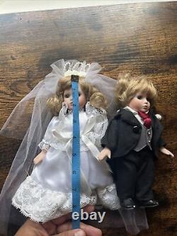 Vintage Geppeddo Porcelain Wedding Doll Set 8'' Blue Eyes Dolls Collectible