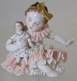 Vintage German Dresden Lace Girl With Doll Figurine Porcelain