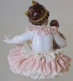 Vintage German Dresden Lace Girl With Doll Figurine Porcelain