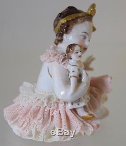 Vintage German Dresden Lace Girl With Doll Figurine Porcelain