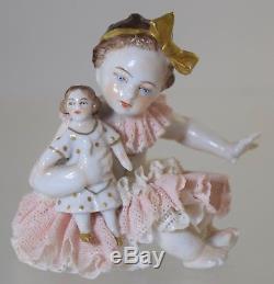 Vintage German Dresden Lace Girl With Doll Figurine Porcelain