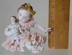 Vintage German Dresden Lace Girl With Doll Figurine Porcelain