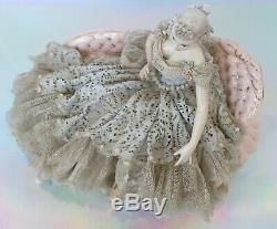 Vintage German Dresden Lace Pretty Lady Dancer On Settee Porcelain Figurine Doll