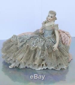 Vintage German Dresden Lace Pretty Lady Dancer On Settee Porcelain Figurine Doll