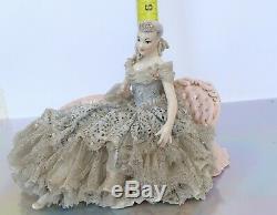 Vintage German Dresden Lace Pretty Lady Dancer On Settee Porcelain Figurine Doll