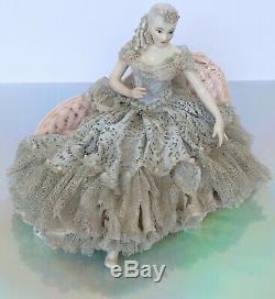 Vintage German Dresden Lace Pretty Lady Dancer On Settee Porcelain Figurine Doll