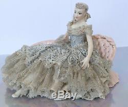 Vintage German Dresden Lace Pretty Lady Dancer On Settee Porcelain Figurine Doll