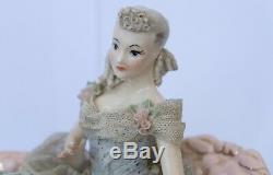 Vintage German Dresden Lace Pretty Lady Dancer On Settee Porcelain Figurine Doll