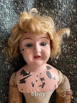 Vintage German Little Girl Doll Metal Head Fiber Cloth Body Blonde Blue Eyes