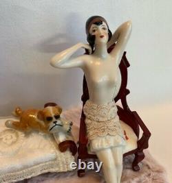 Vintage German Porcelain Flapper Half Doll with Legs, 1920s Flapper Boudoir Doll