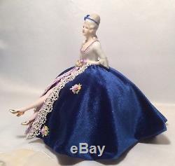 Vintage German Porcelain Half Doll with legs, Velvet Lace Dress Pincushion Doll