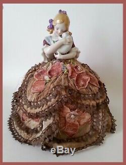 Vintage German Porcelain Pincushion Half Doll Liquidation Girl Holding Cat