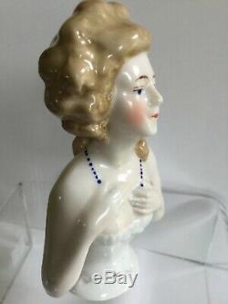 Vintage Goebel Porcelain Half Doll Lady With Blue Necklace Pincushion 4 Germany