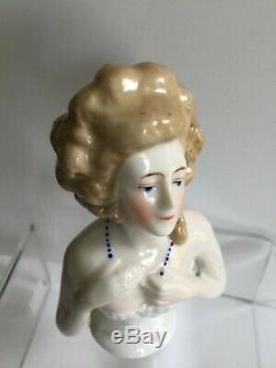 Vintage Goebel Porcelain Half Doll Lady With Blue Necklace Pincushion 4 Germany