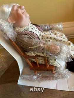 Vintage Grandma And Grandpa Porcelain Dolls In Wooden Rocking Chairs NEW IN BOX