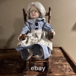 Vintage Grandma & Grandpa Porcelain Dolls In Wooden Rocking Chairs (Read Below)