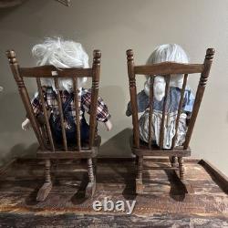 Vintage Grandma & Grandpa Porcelain Dolls In Wooden Rocking Chairs (Read Below)