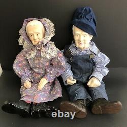 Vintage Grandma Purple Floral & Grandpa Overalls 20 Collectible Porcelain Dolls