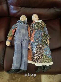 Vintage Grandma and Grandpa Couple Dolls in Patchwork William Wallace Jr Vinyl
