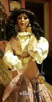 Vintage Gypsy Dancer Doll Gitana Coins Earings Black Hairs Red lips Blue eyes
