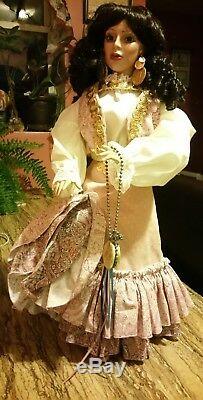 Vintage Gypsy Dancer Doll Gitana Coins Earings Black Hairs Red lips Blue eyes