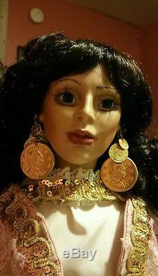 Vintage Gypsy Dancer Doll Gitana Coins Earings Black Hairs Red lips Blue eyes