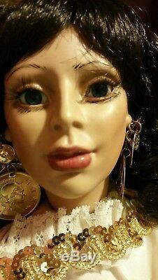 Vintage Gypsy Dancer Doll Gitana Coins Earings Black Hairs Red lips Blue eyes