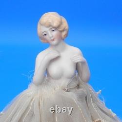 Vintage HALF DOLL PIN CUSHION Porcelain Figurine Bathing Beauty HANDS AWAY