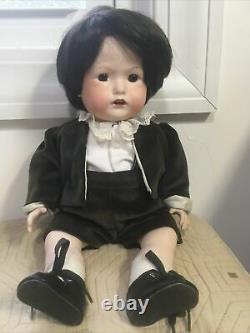 Vintage Handmade Porcelain Boy Doll 15 Human Hair Hand Sewn Clothes Brown Hair