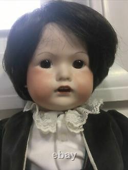 Vintage Handmade Porcelain Boy Doll 15 Human Hair Hand Sewn Clothes Brown Hair