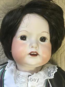 Vintage Handmade Porcelain Boy Doll 15 Human Hair Hand Sewn Clothes Brown Hair