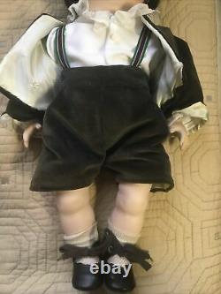 Vintage Handmade Porcelain Boy Doll 15 Human Hair Hand Sewn Clothes Brown Hair