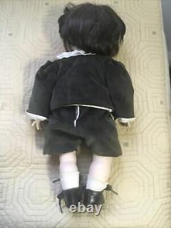 Vintage Handmade Porcelain Boy Doll 15 Human Hair Hand Sewn Clothes Brown Hair