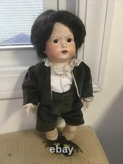 Vintage Handmade Porcelain Boy Doll 15 Human Hair Hand Sewn Clothes Brown Hair