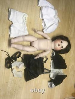 Vintage Handmade Porcelain Boy Doll 15 Human Hair Hand Sewn Clothes Brown Hair