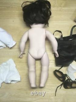 Vintage Handmade Porcelain Boy Doll 15 Human Hair Hand Sewn Clothes Brown Hair