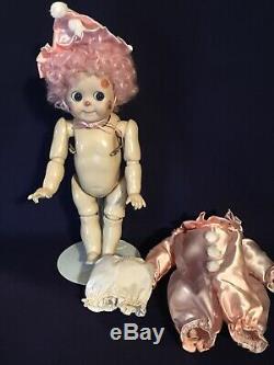 Vintage JDK 221 GOOGLY Porcelain Doll 11 Glass Eye Doll In Clown Suit