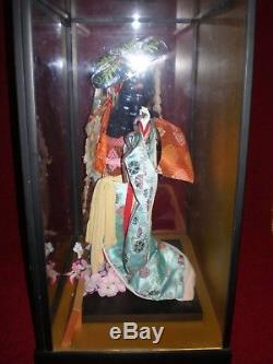 Vintage Japanese Geisha Porcelain Doll with Wood and Glass Sided Case