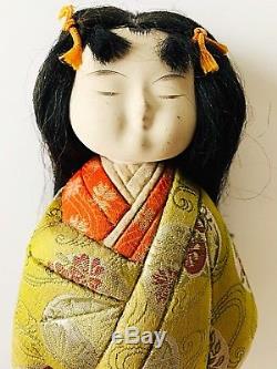 Vintage Japanese Little Girl Doll Porcelain Face Floral Silk Brocade $399.99