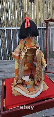 Vintage Japanese Porcelain Doll in Glass Display Showcase Case Japan