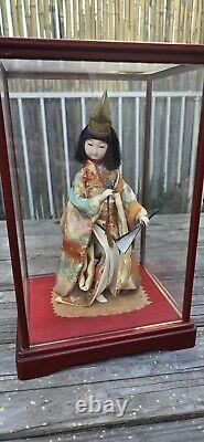 Vintage Japanese Porcelain Doll in Glass Display Showcase Case Japan