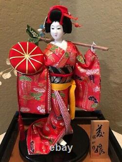 Vintage Japanese Porcelain Geisha Doll in Display Case with Signed Wood Plaque