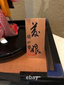 Vintage Japanese Porcelain Geisha Doll in Display Case with Signed Wood Plaque
