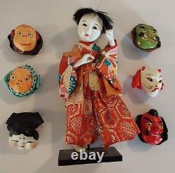 Vintage Japanese Traditional Mask Dance Porcelain Doll Original Wood Box 6 Masks